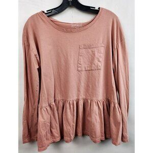 For The Republic Denim Pink Ruffle Hem Pocket Long Sleeve Top Size Medium
